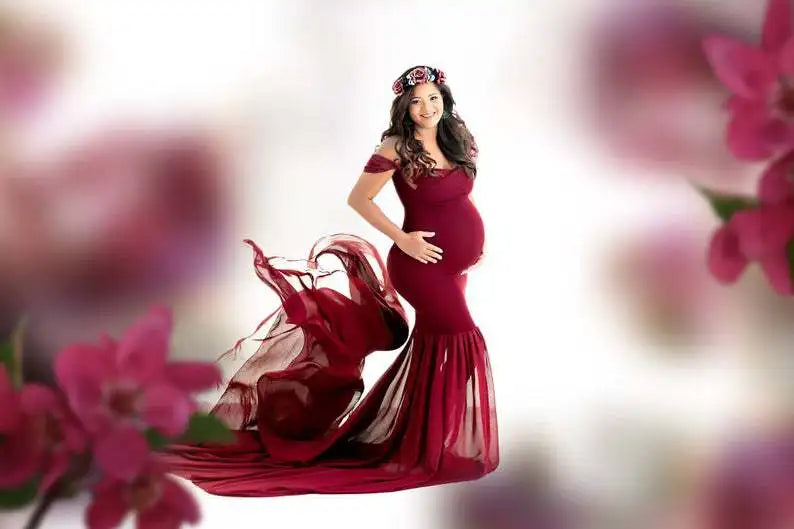 Elegant Shorha chiffon maternity photography dress with v-neck lace design, perfect for pregnancy photoshoots.