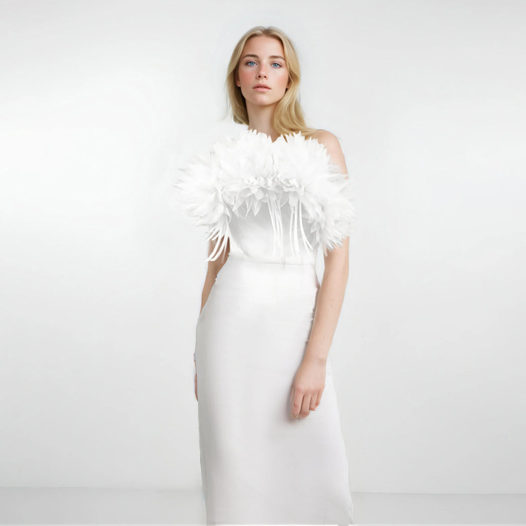 White 3D flower maxi dress by Showlu Fashion featuring a slim fit mermaid silhouette and elegant design.