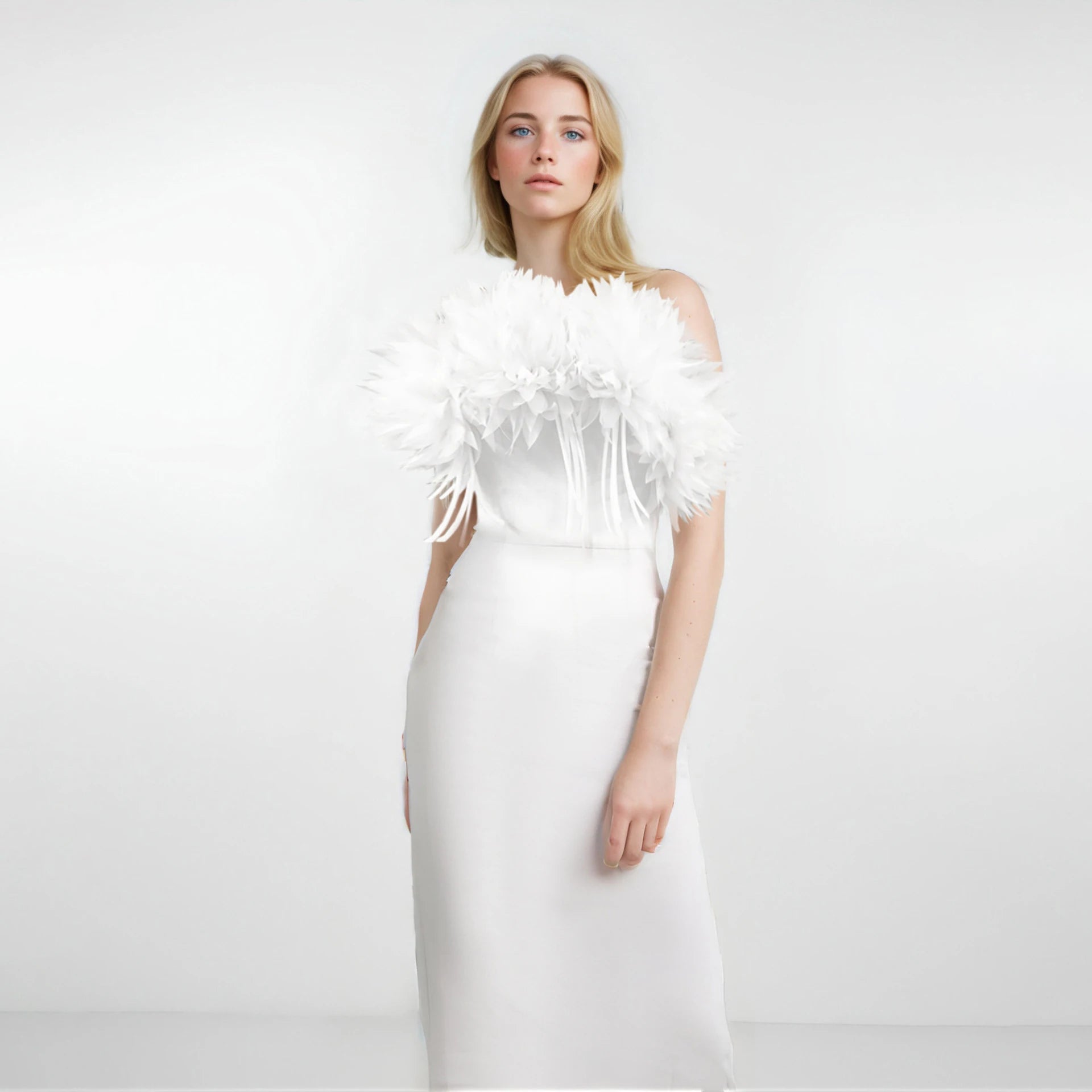 White 3D flower maxi dress by Showlu Fashion featuring a slim fit mermaid silhouette and elegant design.
