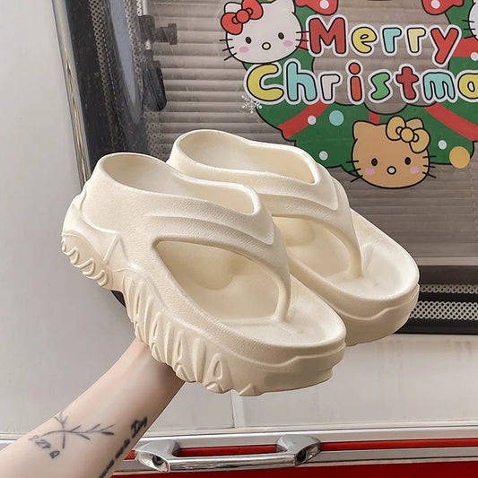 Women's High-End Summer Flip-Flops New Thick Bottom Soft Dung Sense Non-Slip Elevated Outer Wear Cute Style for Beach EVA PU