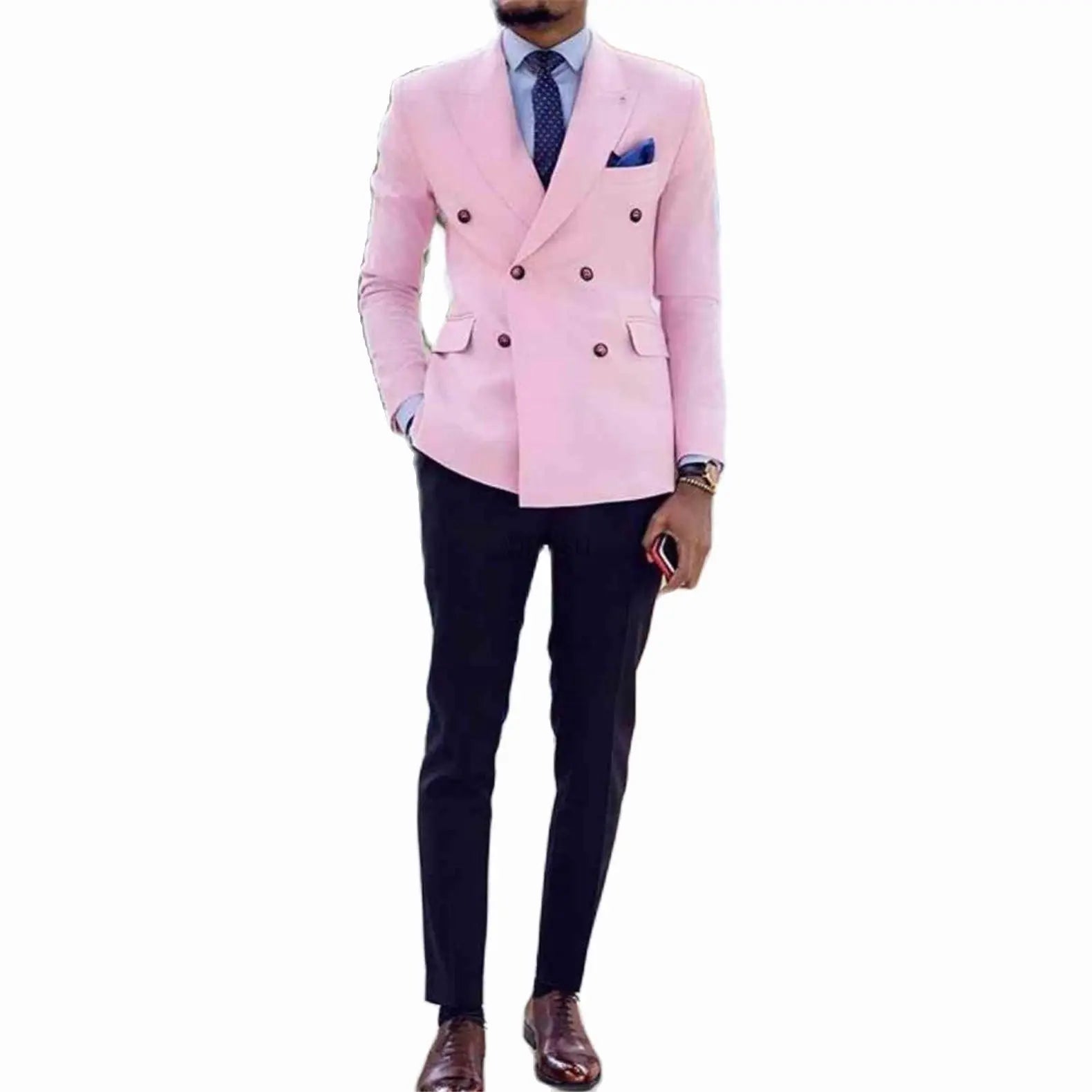 Pink double-breasted slim fit men's wedding tuxedo suit by Showlu Fashion, featuring tailored design and stylish details.