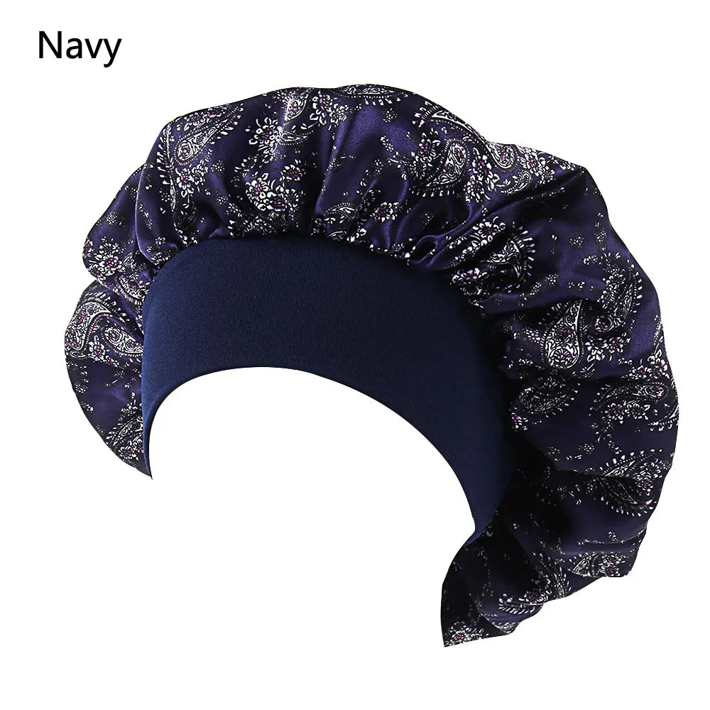 Satin women's sleep bonnet with elastic wide band, ideal for hair care, chemo cap, and night sleep head wrap.