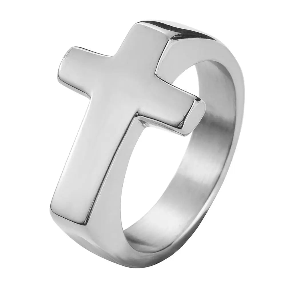 Unisex Rany&Roy cross ring made of 316L stainless steel, featuring a punk style band with a detailed cross design.
