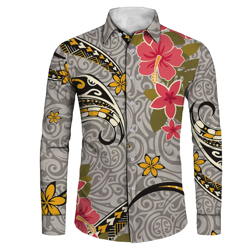 Plus size men's long sleeve shirt with black and white tribal Polynesian print, casual style, by Showlu Fashion Store