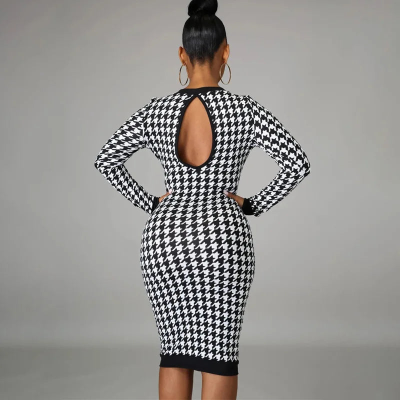 Houndstooth print women's long sleeve midi dress with hollow out details, slim fit, stylish streetwear for autumn and winter.