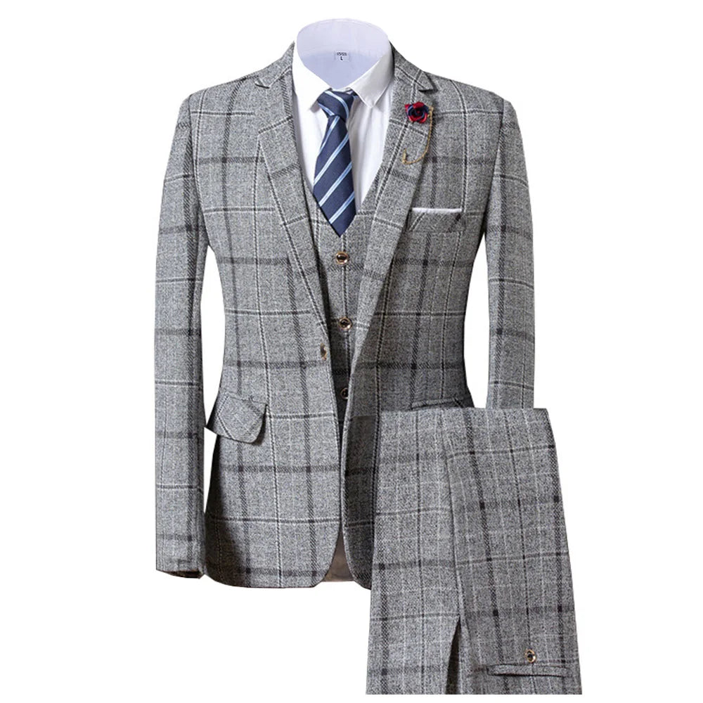Grey/Brown Men's Suits 3 piece Plaid England Style Notched Lapel Business for Wedding Suits Men (Blazer+Vest+Pant)