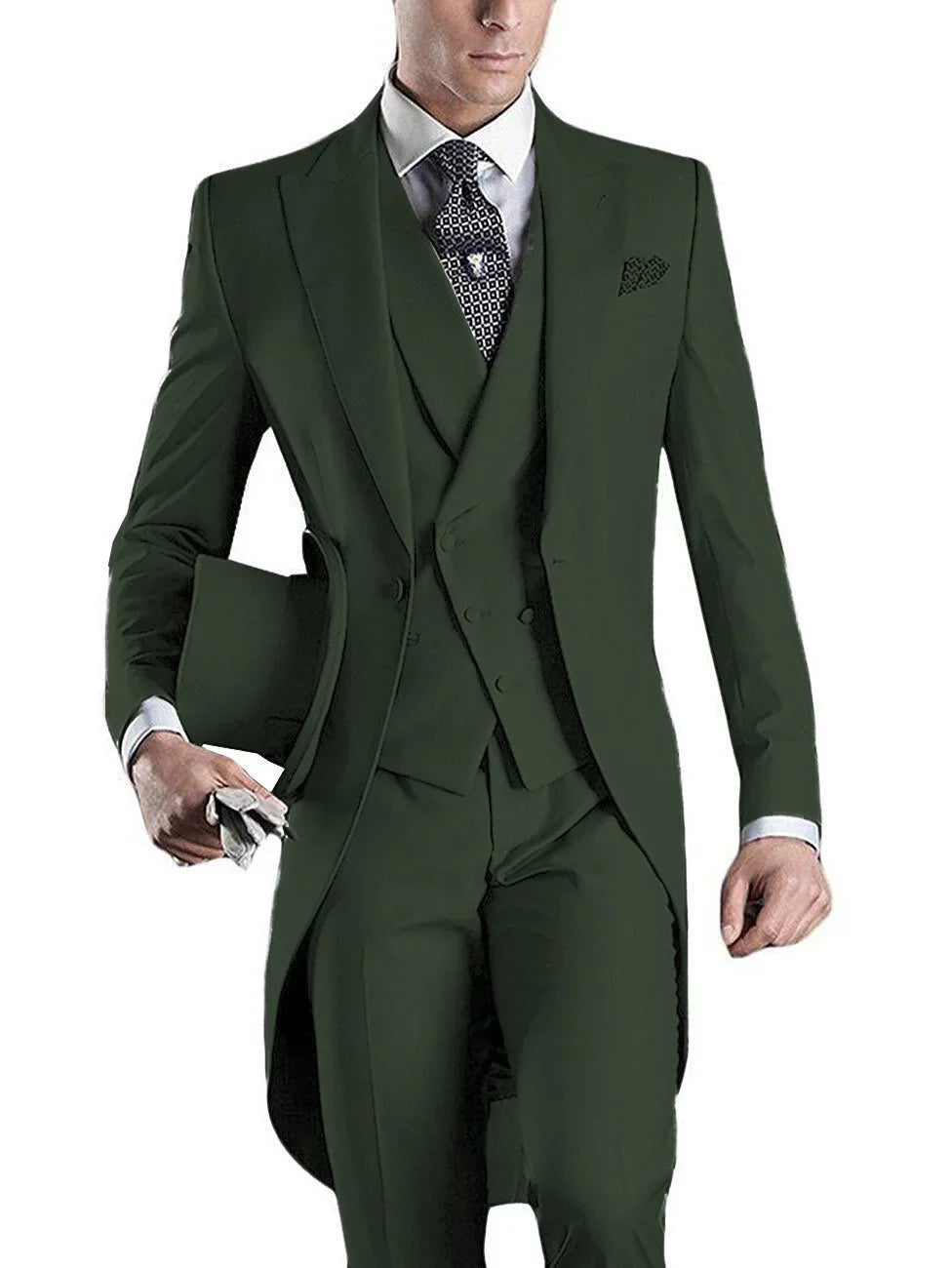 Men's slim fit wedding tuxedo suit with peaked lapel, 3-piece set, by SHOWLU FASHION STORE, featuring jacket, vest, and trousers.