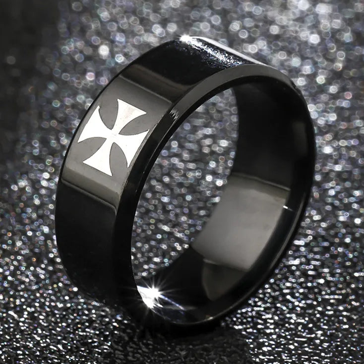 Unisex Mango Sky Titanium Steel Christian Cross Bible Ring with 8mm band, featuring a sleek, polished design and religious symbolism.