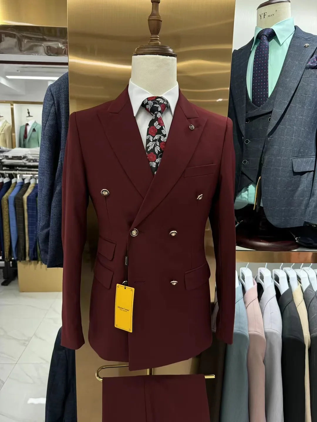 Men's double-breasted slim fit business suit by SHOWLU FASHION STORE, made of cotton, shown in a professional, tailored style.
