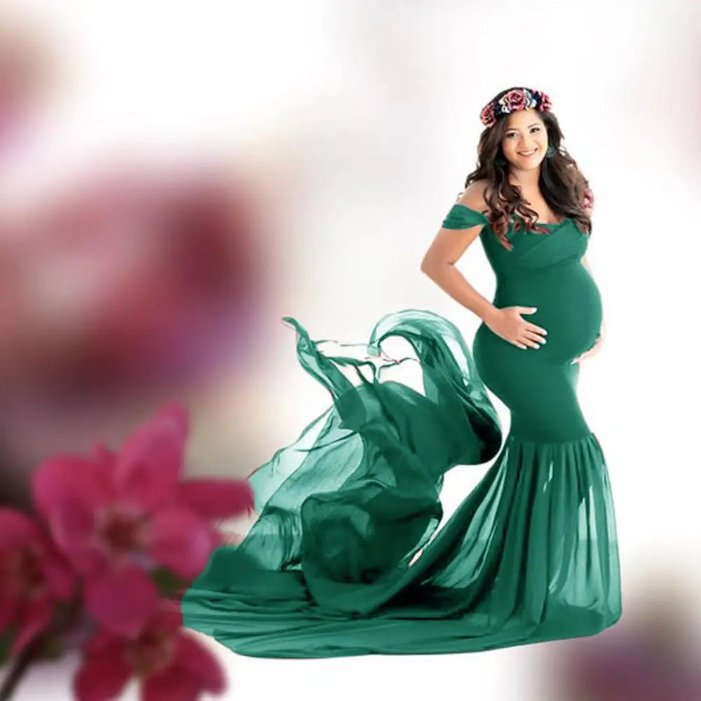 Shorha chiffon maternity photography dress with V-neck lace design, flowing pregnancy gown in soft fabric, ideal for maternity photoshoots.