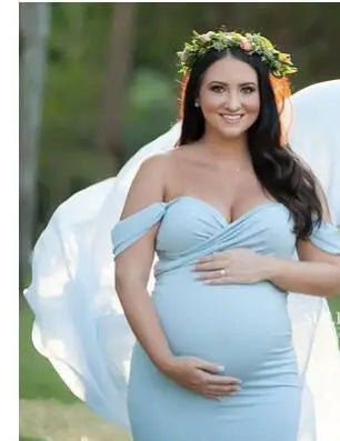 Shorha chiffon maternity photography dress with v-neck lace design, flowing fabric, perfect for pregnancy photoshoots
