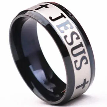 Titanium steel Christian cross Bible ring with 8mm unisex band, featuring a sleek mango sky design and religious symbol.