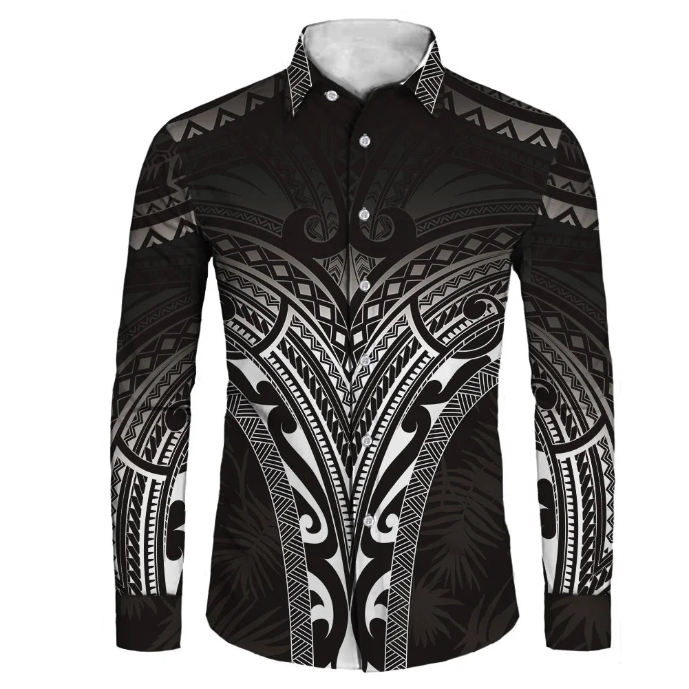 Plus size men's long sleeve shirt with black and white tribal Polynesian print, casual style from Showlu Fashion.