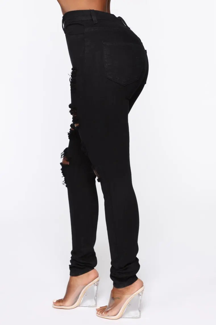 Black and white ripped skinny jeans for women, fashion stretch denim pencil pants, casual streetwear trousers in XS-XL size.