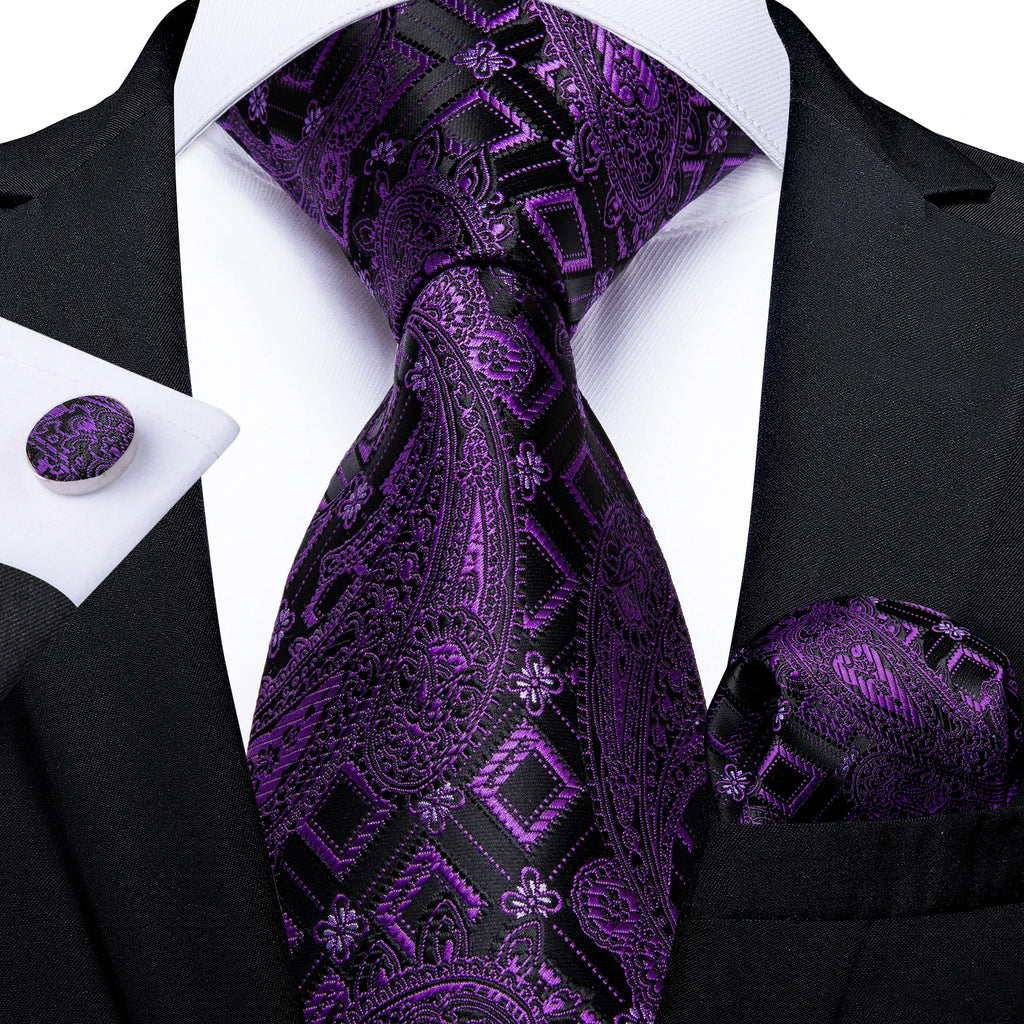 DiBanGu Ties For Men Purple Floral Paisley Necktie Business Formal 100% Silk Tie Pocket Square Set For Wedding Party Cravat