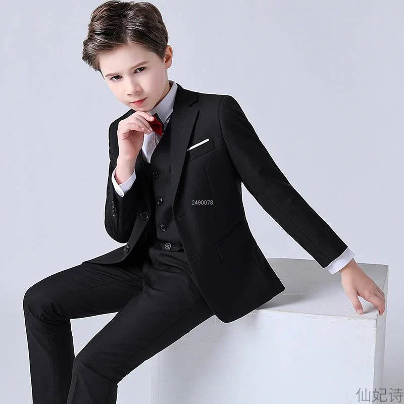 Kids boys formal wedding suit with blazer and pants, size 2-14T, in classic black from SHOWLU FASHION STORE.