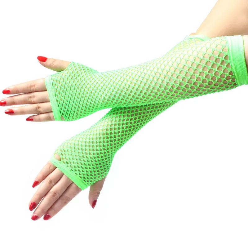 Women’s neon fishnet fingerless long gloves and arm cuffs, stylish party wear and arm warmers for women, from Showlu Fashion Store.