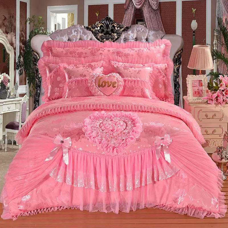 Red Jacquard Satin Cotton Bedding Set, Luxury Chinese Wedding Princess Heart-Shaped Lace Duvet Cover, Bed Sheet, Pillowcases