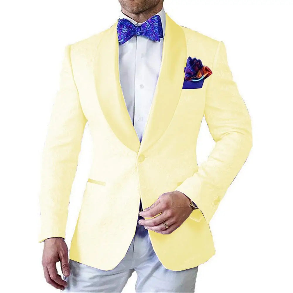 Men's white jacquard tuxedo jacket and trousers from Solovedress, slim fit wedding suit, stylish formal menswear by SHOWLU FASHION STORE