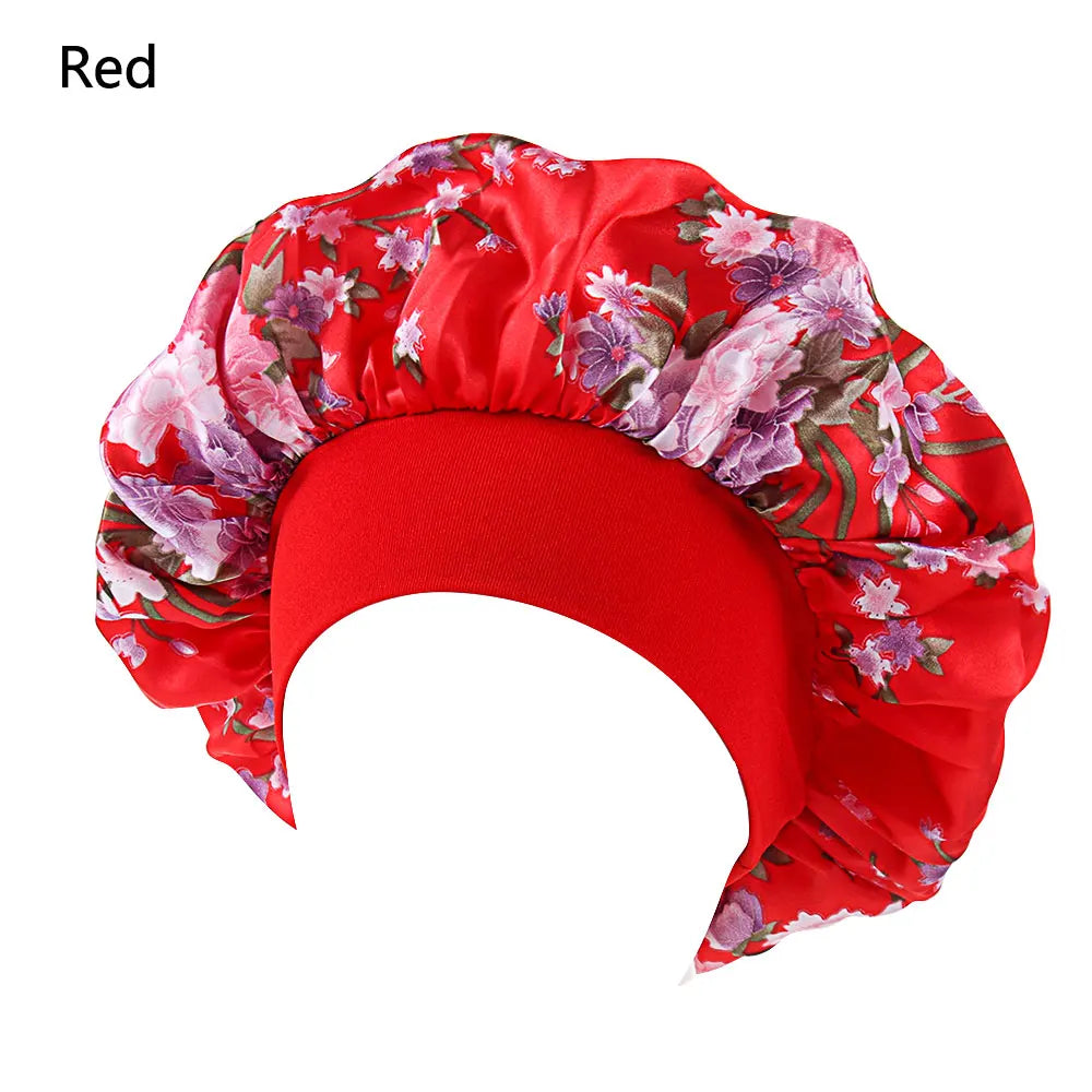Satin women's sleep bonnet with wide elastic band, ideal for hair care, chemo caps, and hair loss protection.