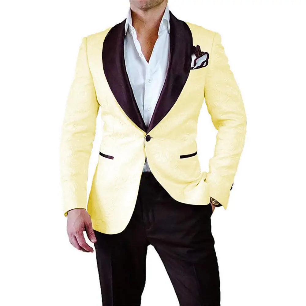 Men's white jacquard tuxedo jacket and pants, slim fit 2-piece wedding suit by SHOWLU FASHION STORE.