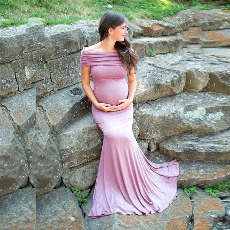 Long lace maternity gown for pregnant women, Showlu Fashion, featuring a flowing maxi dress with long sleeves for pregnancy photoshoots.