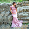 Long lace maternity gown for pregnant women, Showlu Fashion, featuring a flowing maxi dress with long sleeves for pregnancy photoshoots.