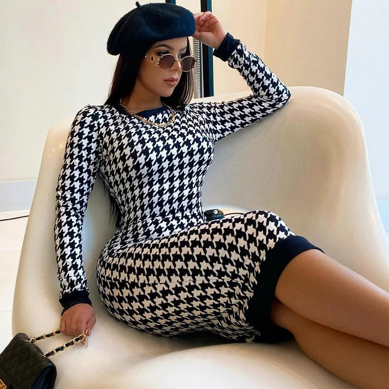 Houndstooth print women’s long sleeve midi dress with hollow out design, bodycon fit, stylish streetwear for autumn winter by Showlu Fashion