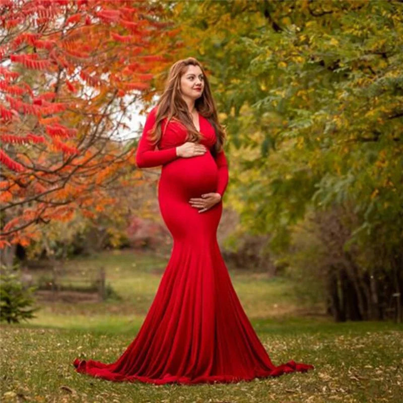 SHOWLU V-neck long sleeve maternity dress for photography and baby shower, in soft fabric, designed for expecting mothers.