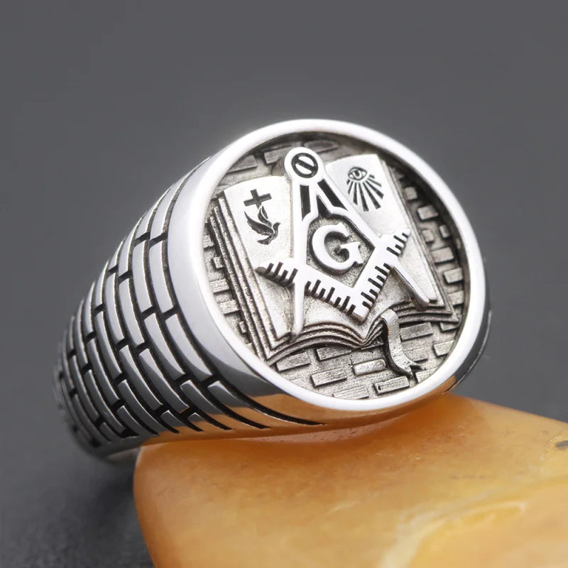 Sterling silver Holy Bible Masonic ring for men and women, featuring intricate Masonic symbols, crafted by Showlu Fashion Store.