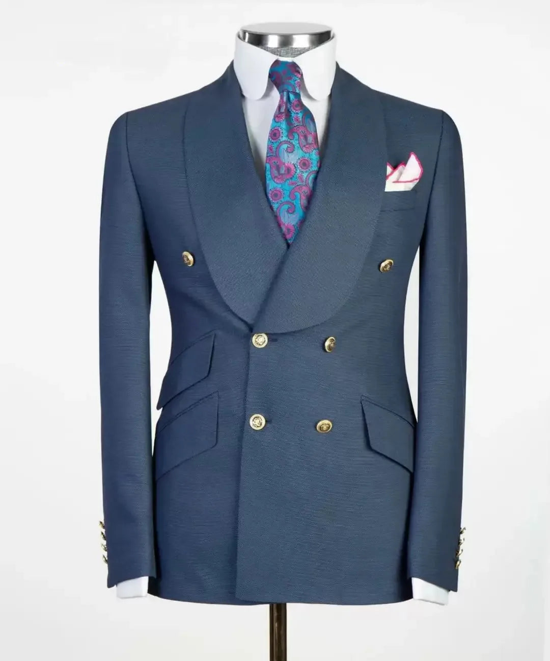 Men's white double-breasted wedding suit by Showlu Fashion, tailored with TR fabric, shown on a mannequin.