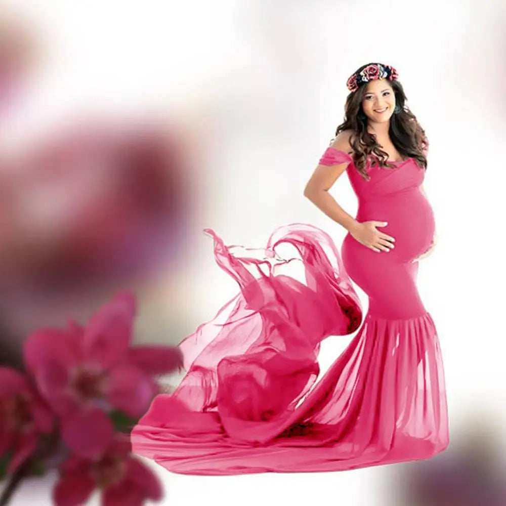 Elegant Shorha chiffon maternity photography dress with v-neck lace design, perfect for pregnancy photoshoots.