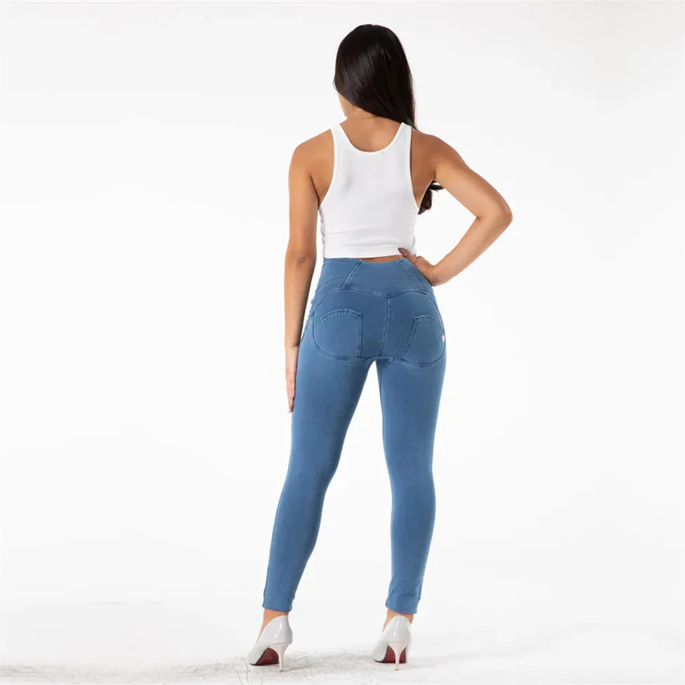 Light blue Melody high waist push-up skinny denim jeans by Shascullfites, showcasing a fitted style and classic denim texture.