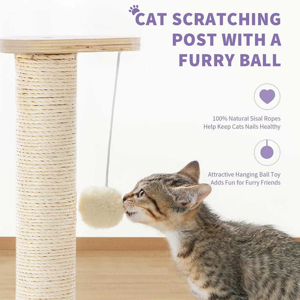 Polygon 2-Level Solid Pine Wood Cat Scratching Tree with sisal toy, modern design for cats to scratch and play.