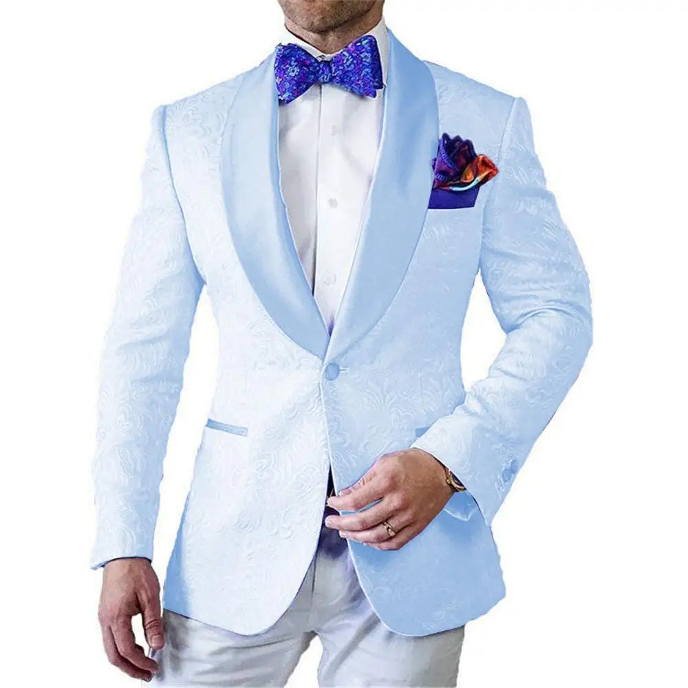 Men's white jacquard tuxedo by SHOWLU FASHION STORE, slim fit 2-piece wedding suit with elegant jacquard pattern and tailored design.