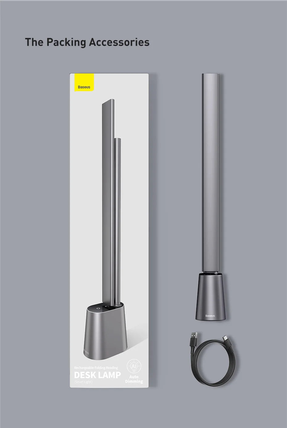 Rechargeable Baseus Smart Desk Lamp with adjustable arm and LED light for focused illumination on a desk.