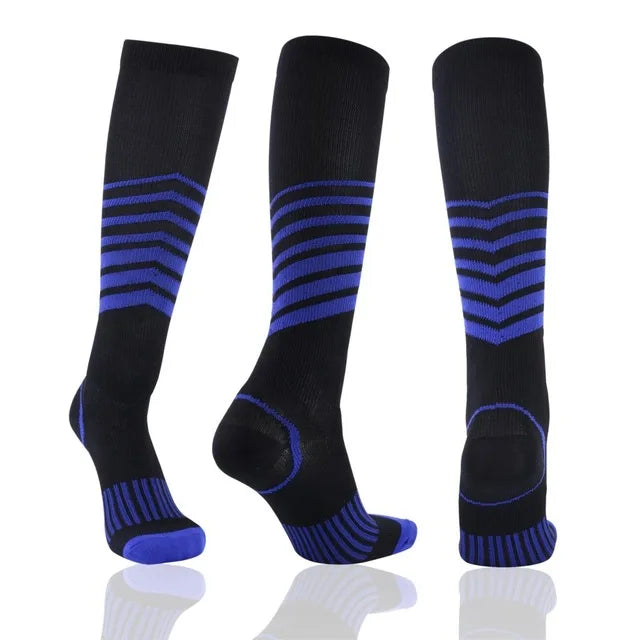 Black compression socks for men and women, designed for football and sports, providing anti-fatigue pain relief and 20-30 mmHg compression.