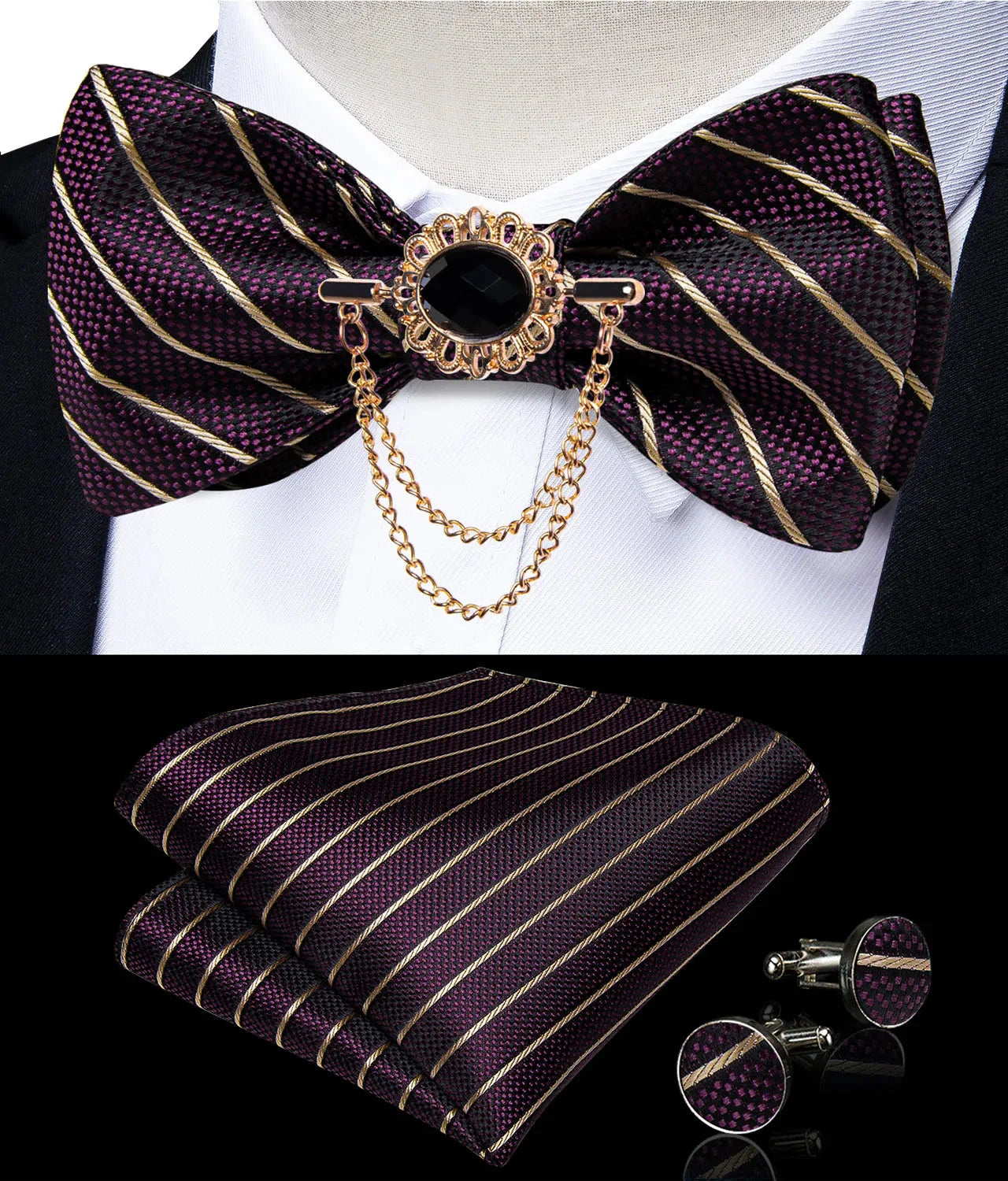 Pink plaid silk self-tie bow tie set with brooch and handkerchief, stylish men's accessory by SHOWLU FASHION STORE.