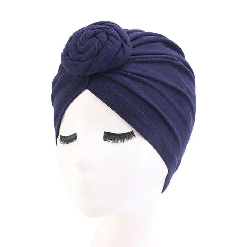 Women’s cotton turban hat with knotted design, Muslim hijab headband and chemo cap, suitable for night wear and hair covering.
