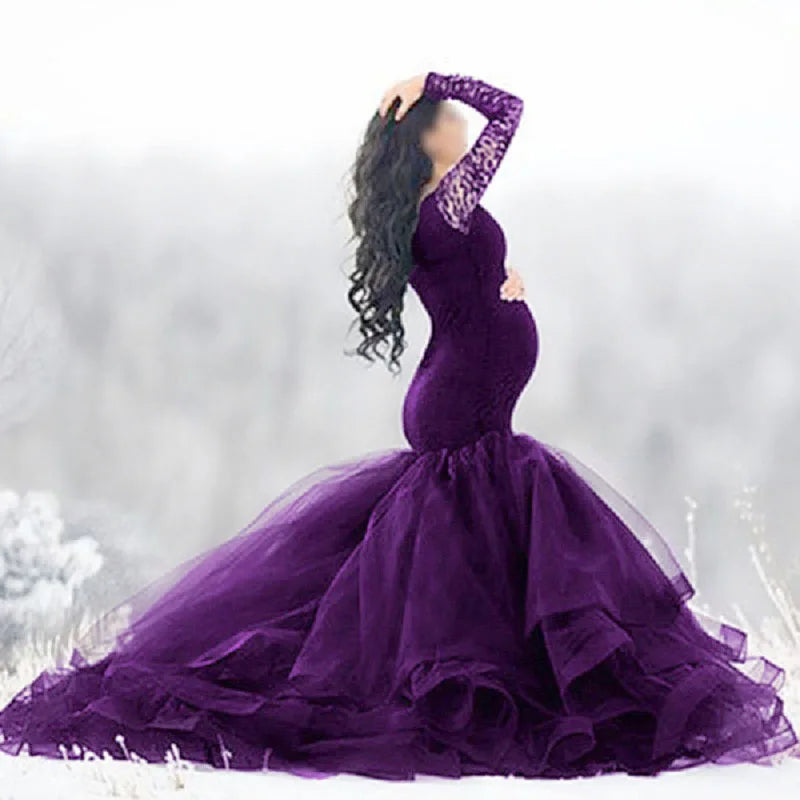 Lace maternity gown maxi dress for pregnant women, long sleeve, elegant pregnancy dress for photoshoots by Showlu Fashion Store