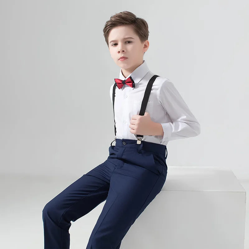 Unisex kids' flower boys wedding tuxedo blazer in navy blue, size 2-14T, from SHOWLU FASHION STORE, suitable for formal occasions.