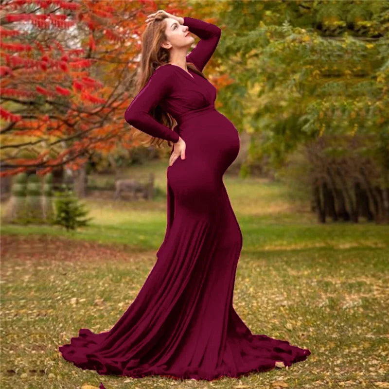 SHOWLU V-neck long sleeve maternity dress designed for photography and baby showers, featuring a comfortable fit and elegant style.