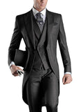 Men's slim fit 3-piece wedding tuxedo with peaked lapel from SOLOVEDRESS, featuring a tailored suit jacket, vest, and matching trousers.