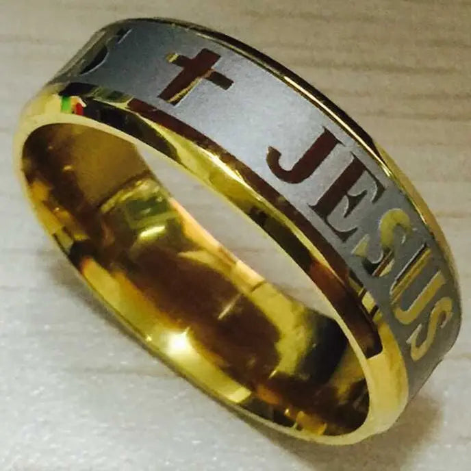 Unisex Mango Sky Titanium Steel Christian Cross Bible Ring with 8mm band, featuring a detailed cross design on a sleek band.