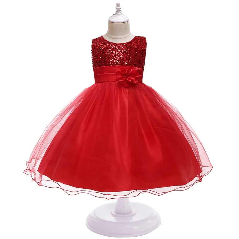 Girl's flower sequins dress by Showlu Fashion Store, festive princess tutu dress for Christmas, Halloween, and birthdays for ages 3-10.