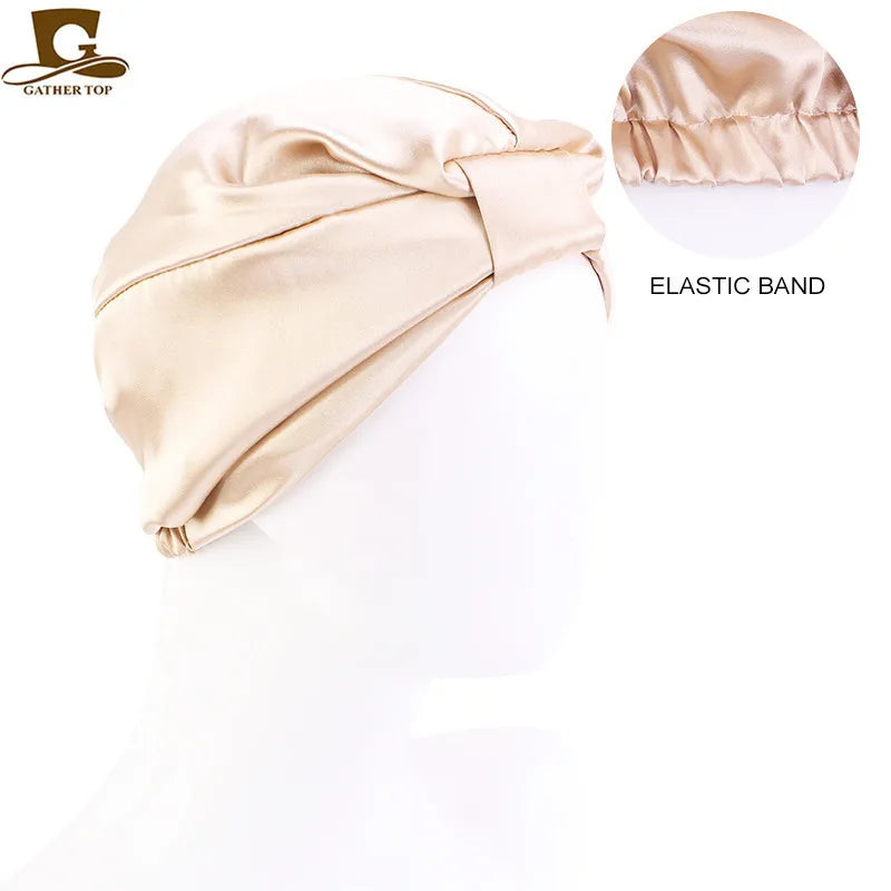 Silky satin silk sleeping bonnet cap for women, double-layer, knotted headband style, ideal for nursing, chemo, or hair protection.