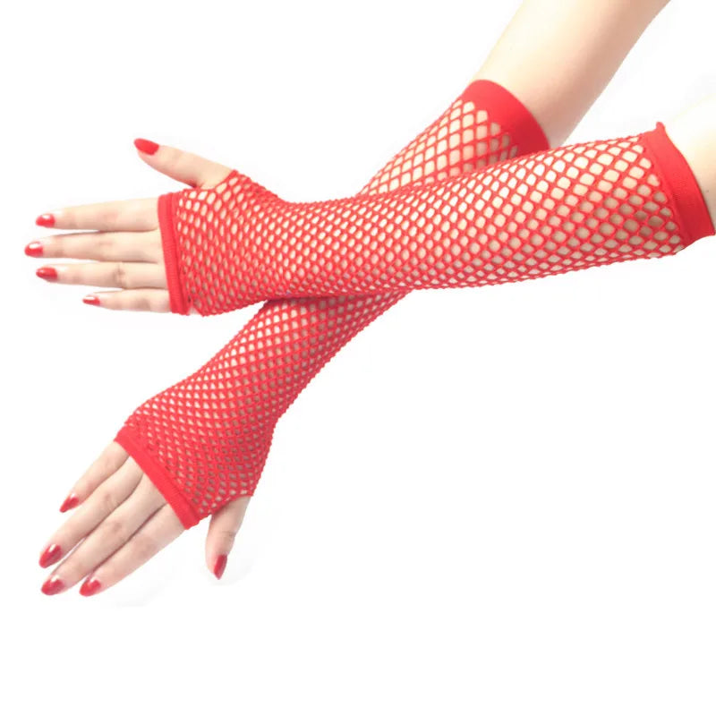 Women’s neon fishnet fingerless long gloves and arm cuffs, stylish party wear by Showlu Fashion Store.