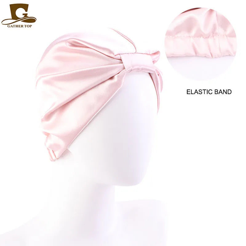 Silky satin sleep bonnet cap for women with double layer knotted design, ideal for nursing, chemo, or everyday head coverage.