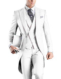 Men's slim fit wedding tuxedo with peaked lapel, 3-piece suit by SOLOVEDRESS, featuring jacket, vest, and trousers in black fabric.