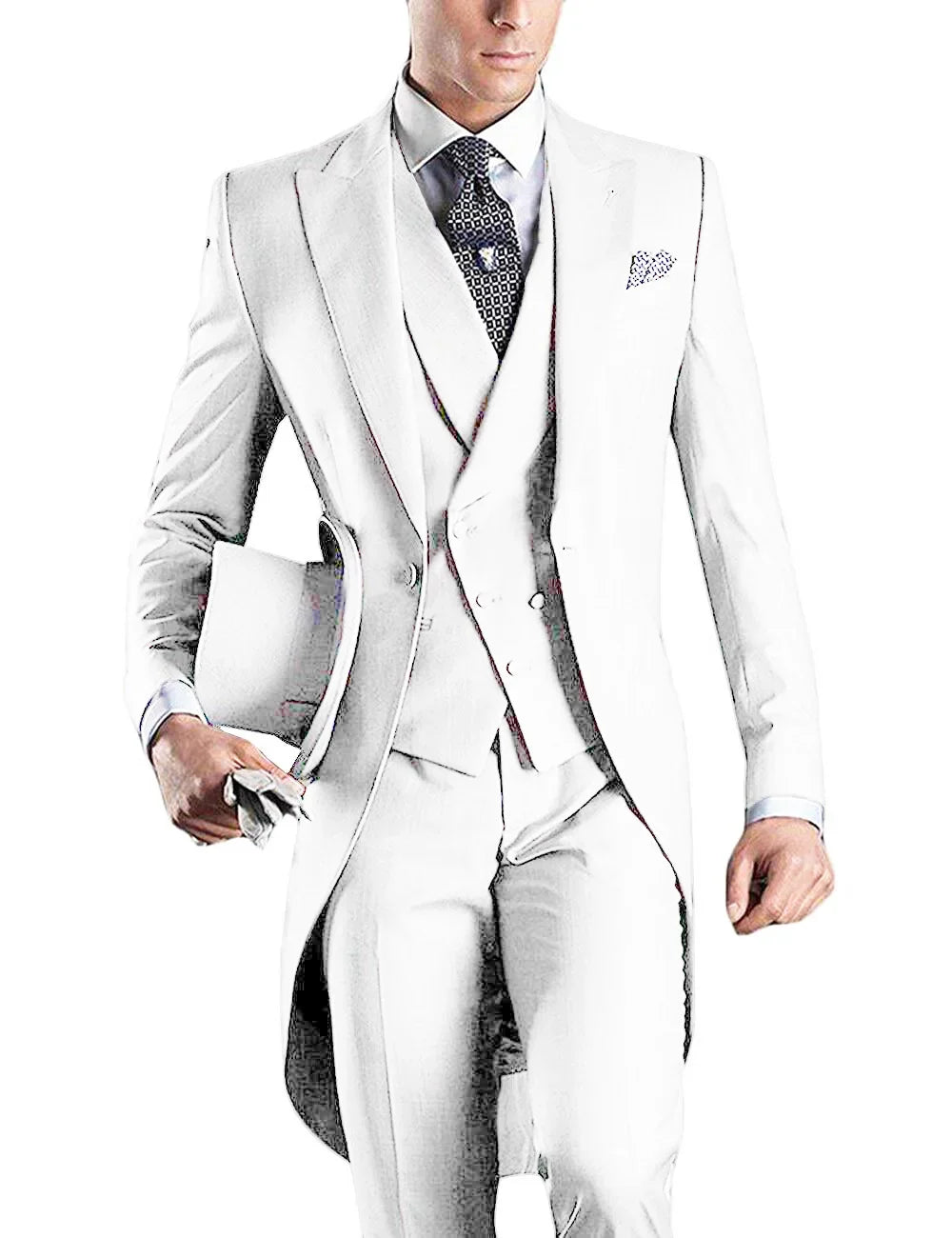 Men's slim fit wedding tuxedo with peaked lapel, 3-piece suit by SOLOVEDRESS, featuring jacket, vest, and trousers in black fabric.
